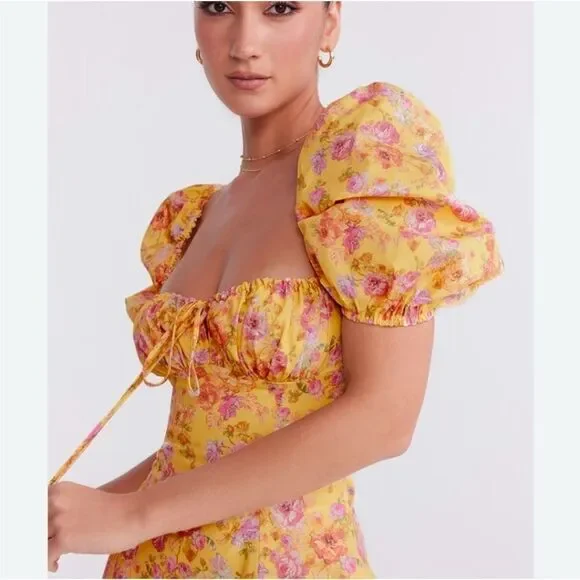 House of CB Maxi Dress Sz XS Yellow Floral Felizia Butter Print Puff Selene NEW